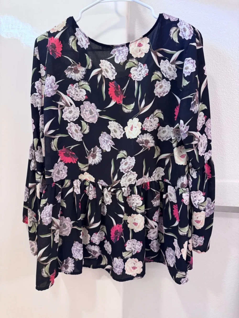 Down east Floral Peplum Long-Sleeve Top - Black with Pink & Red Blooms - Picture 3 of 3